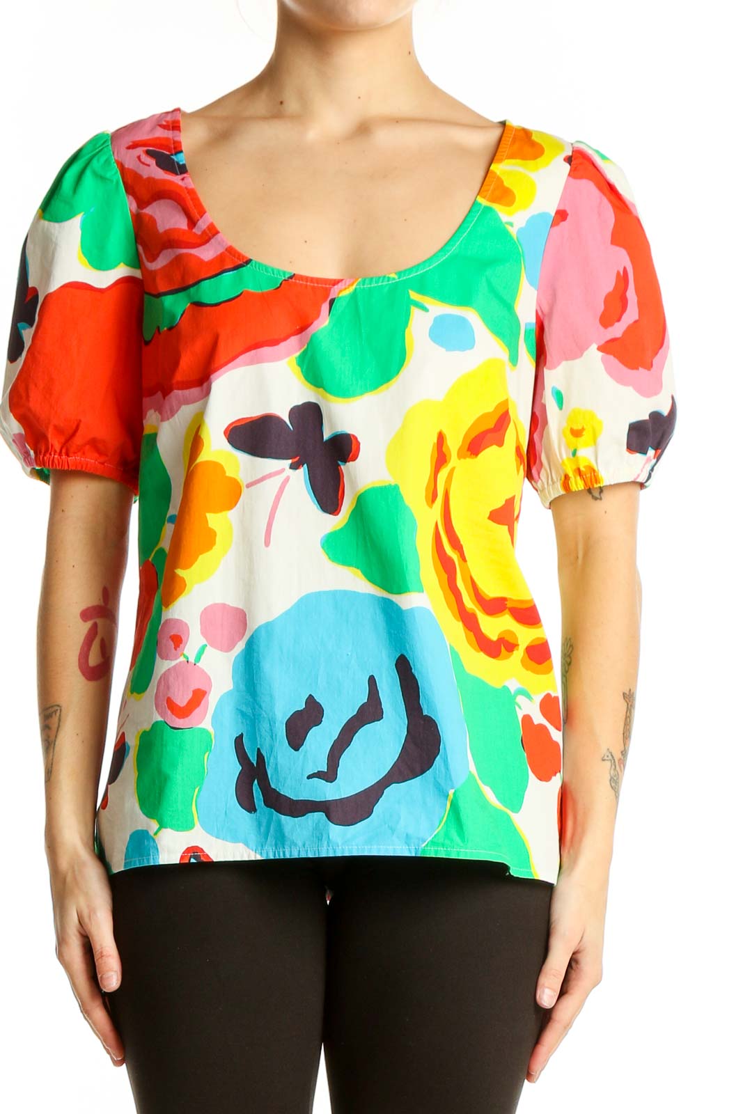 Front view of J.Crew multicolor floral puff sleeve blouse