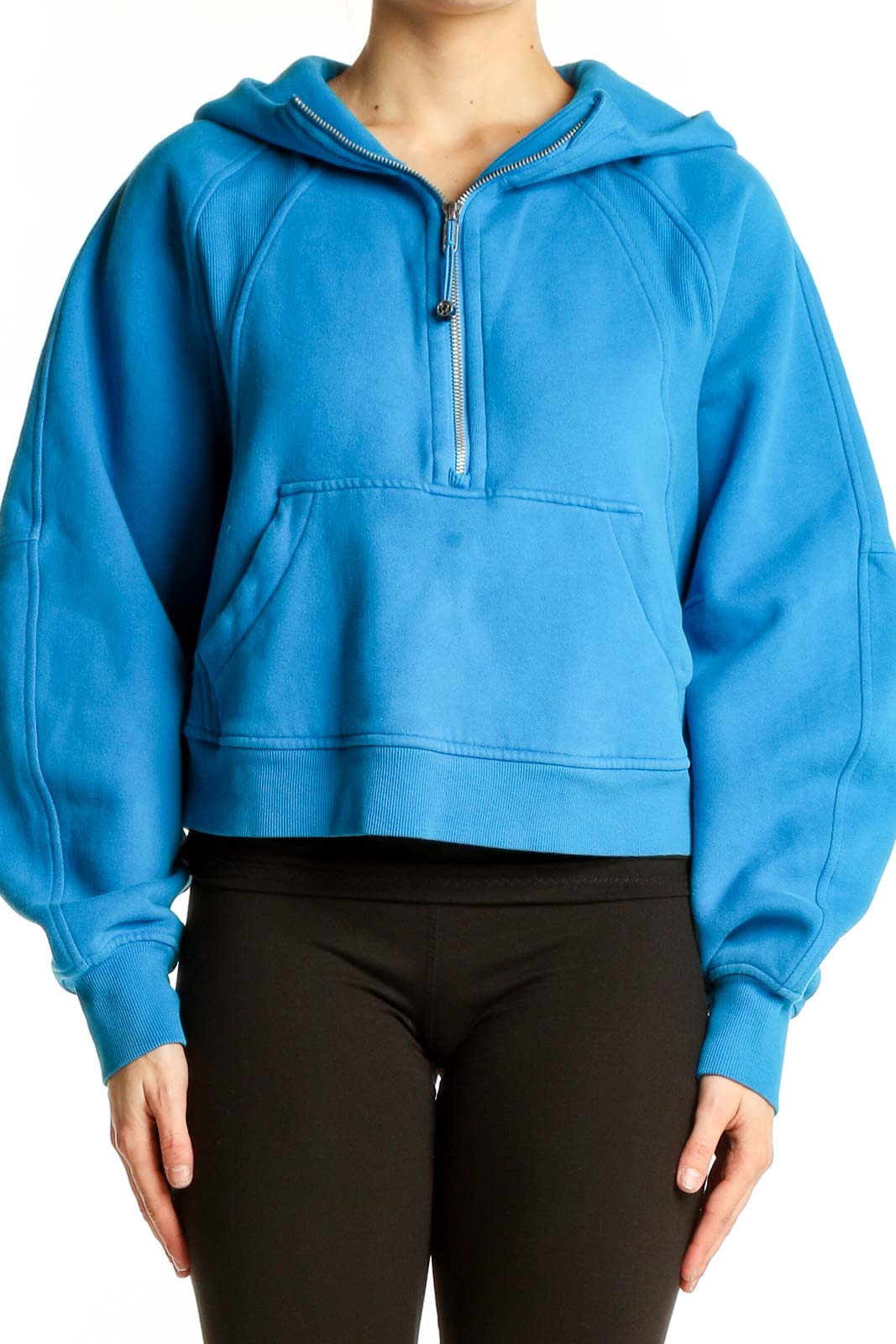 Front view of blue Lululemon cropped half-zip hoodie