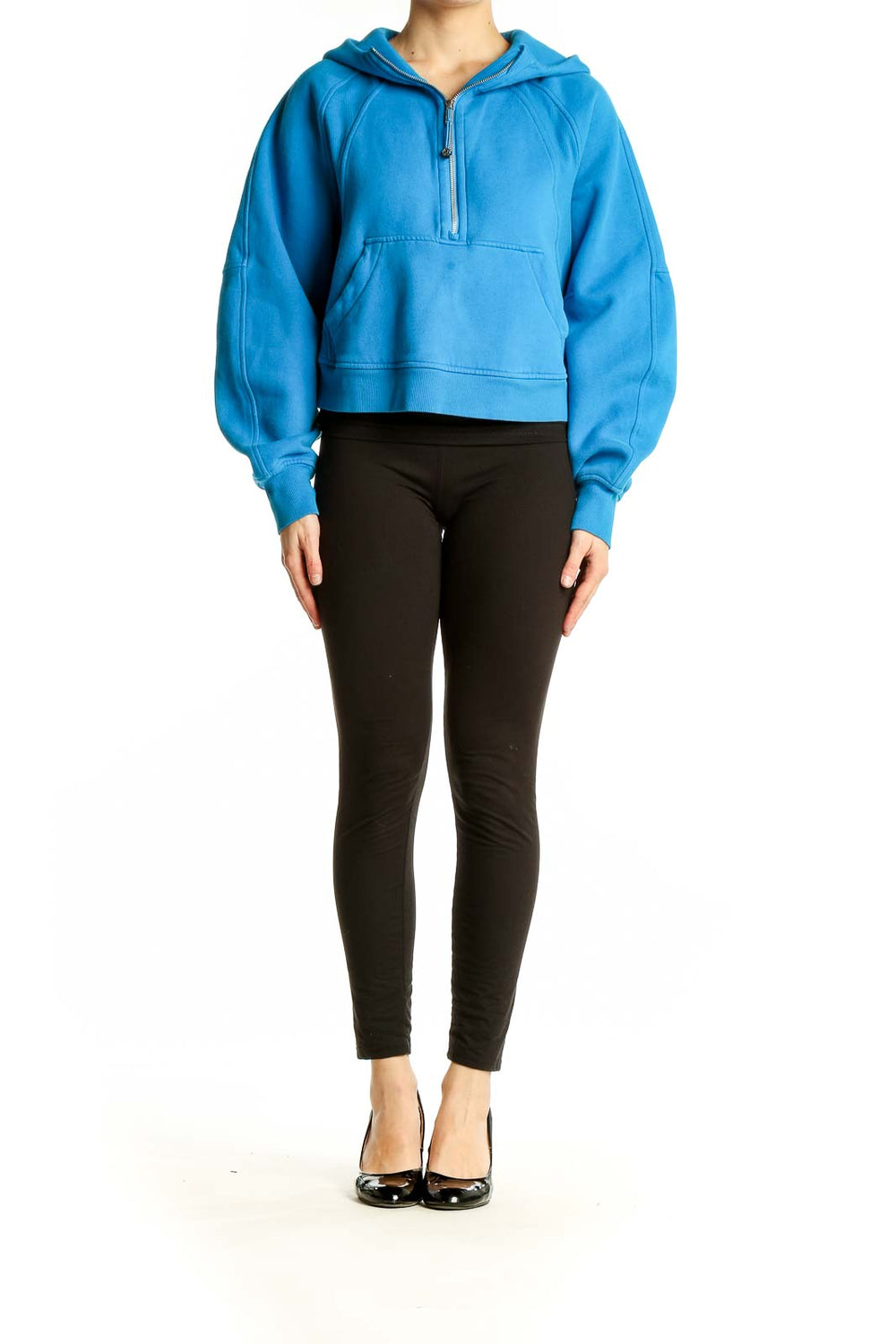 Front view of blue Lululemon cropped half-zip hoodie