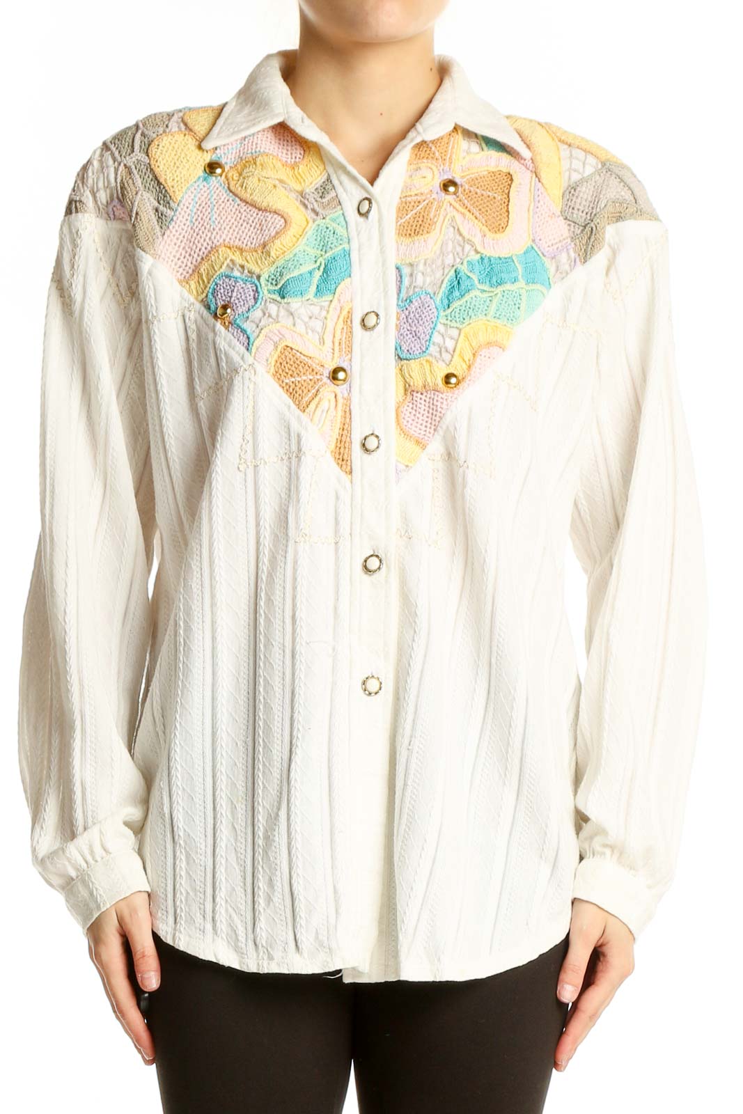 Front view of LIM'S white cotton shirt with colorful embroidered yoke