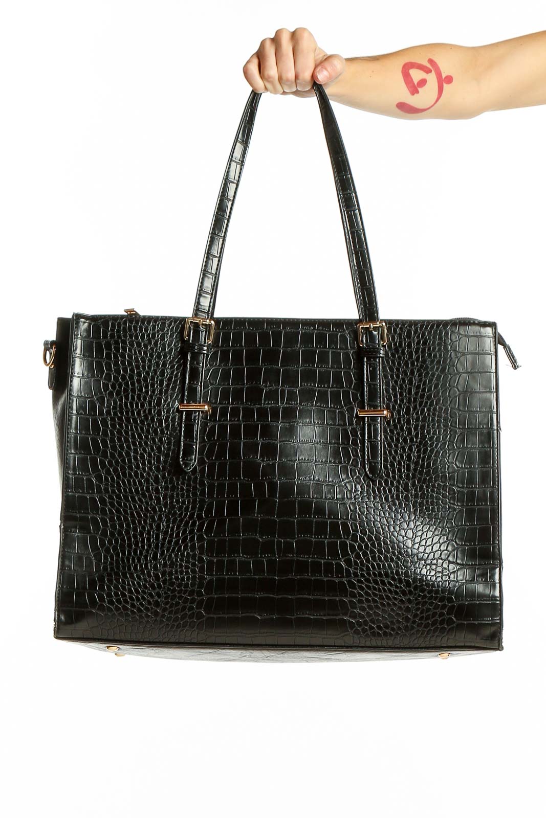 Front view of SilkRoll black crocodile-embossed leather tote bag