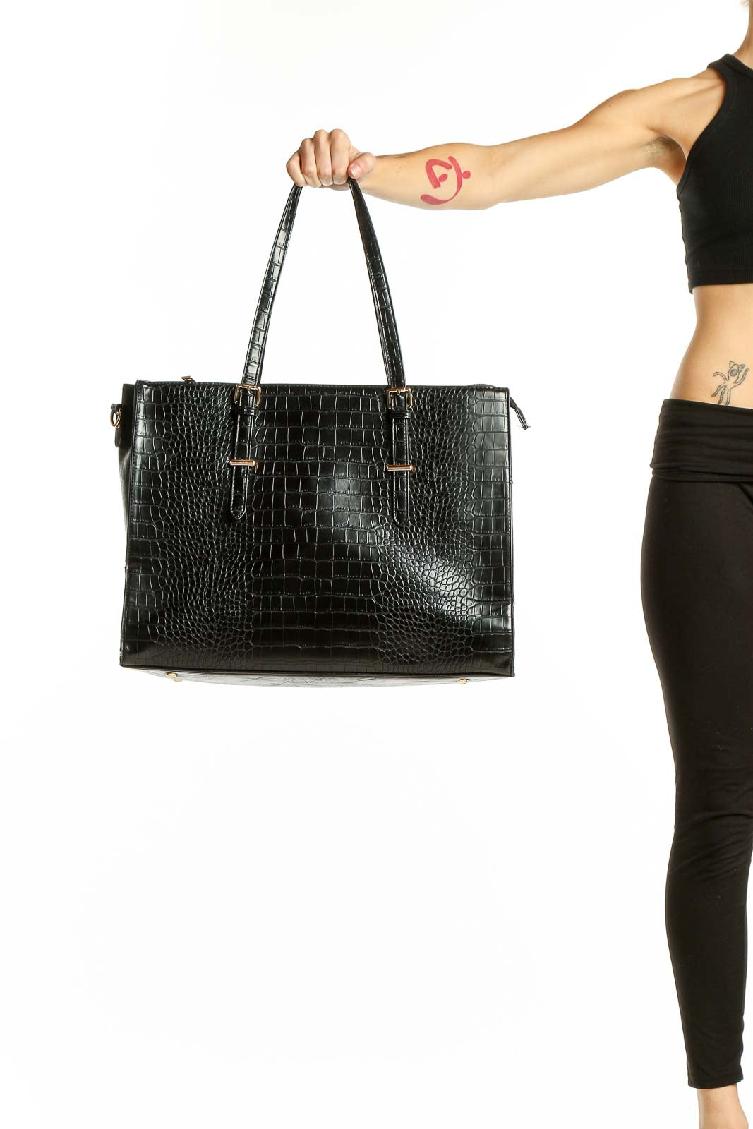 Front view of SilkRoll black crocodile-embossed leather tote bag