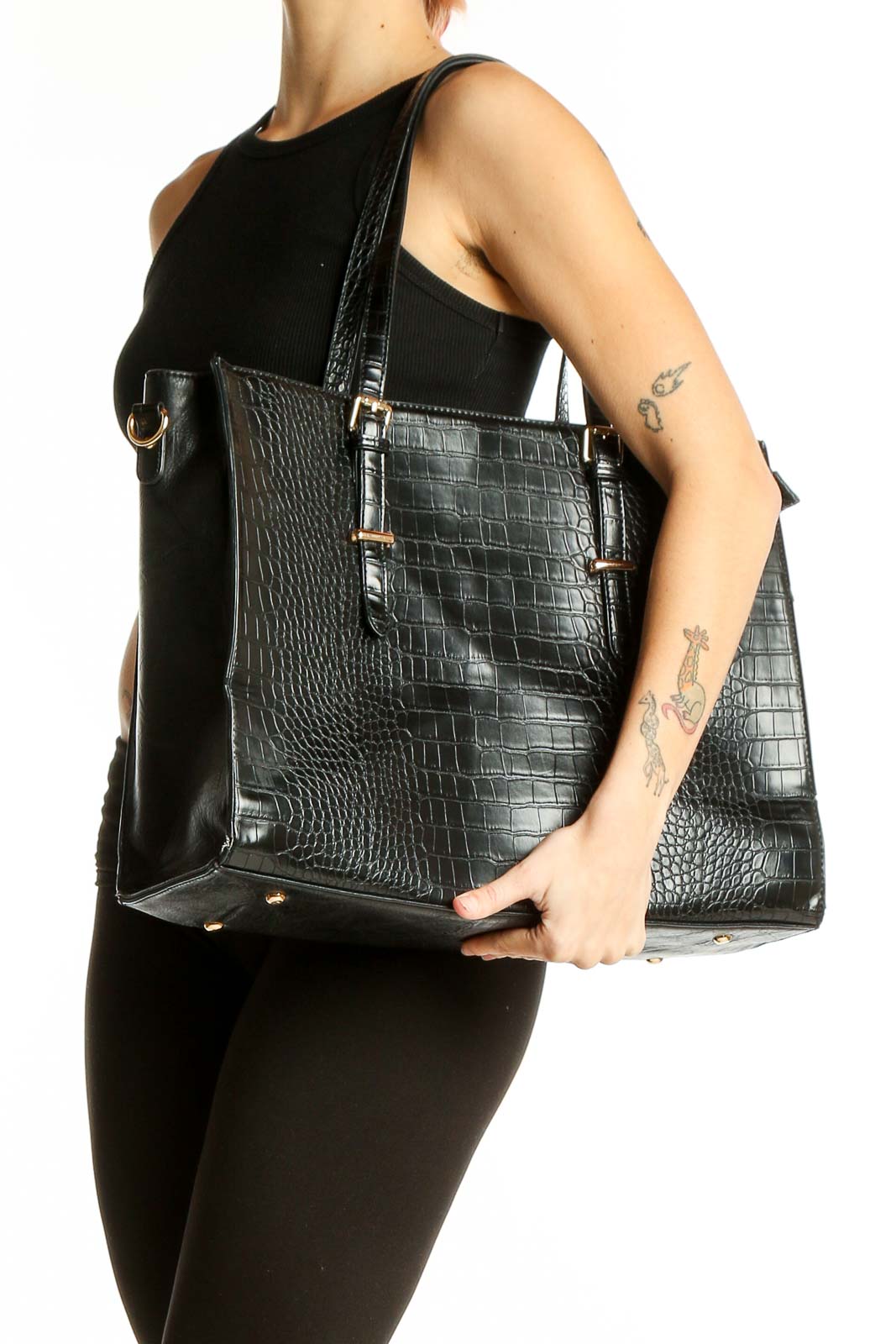 Front view of SilkRoll black crocodile-embossed leather tote bag