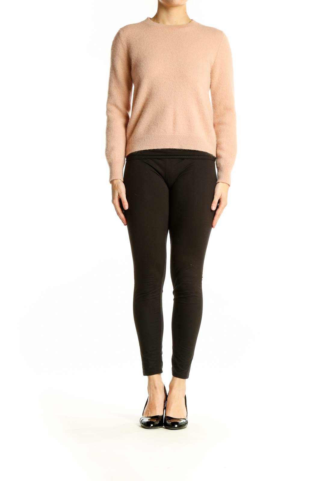 Front view of Antonio Melani blush cashmere crewneck sweater