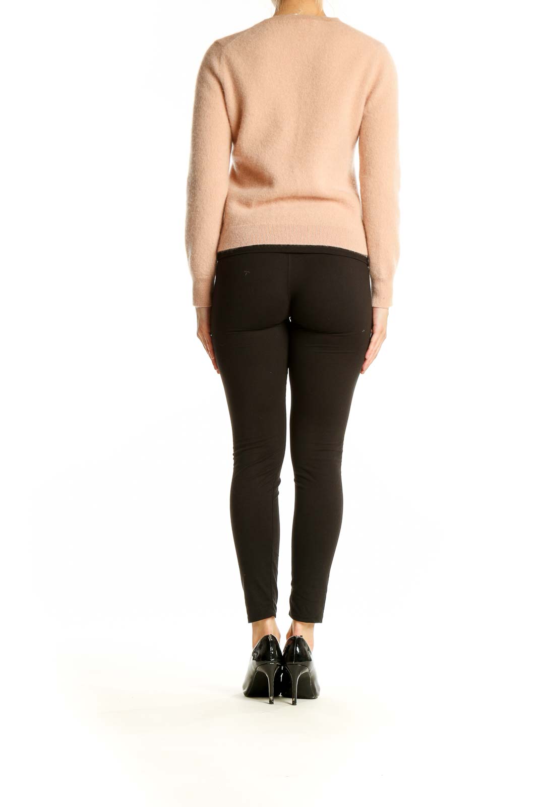 Back view of Antonio Melani blush cashmere crewneck sweater on model