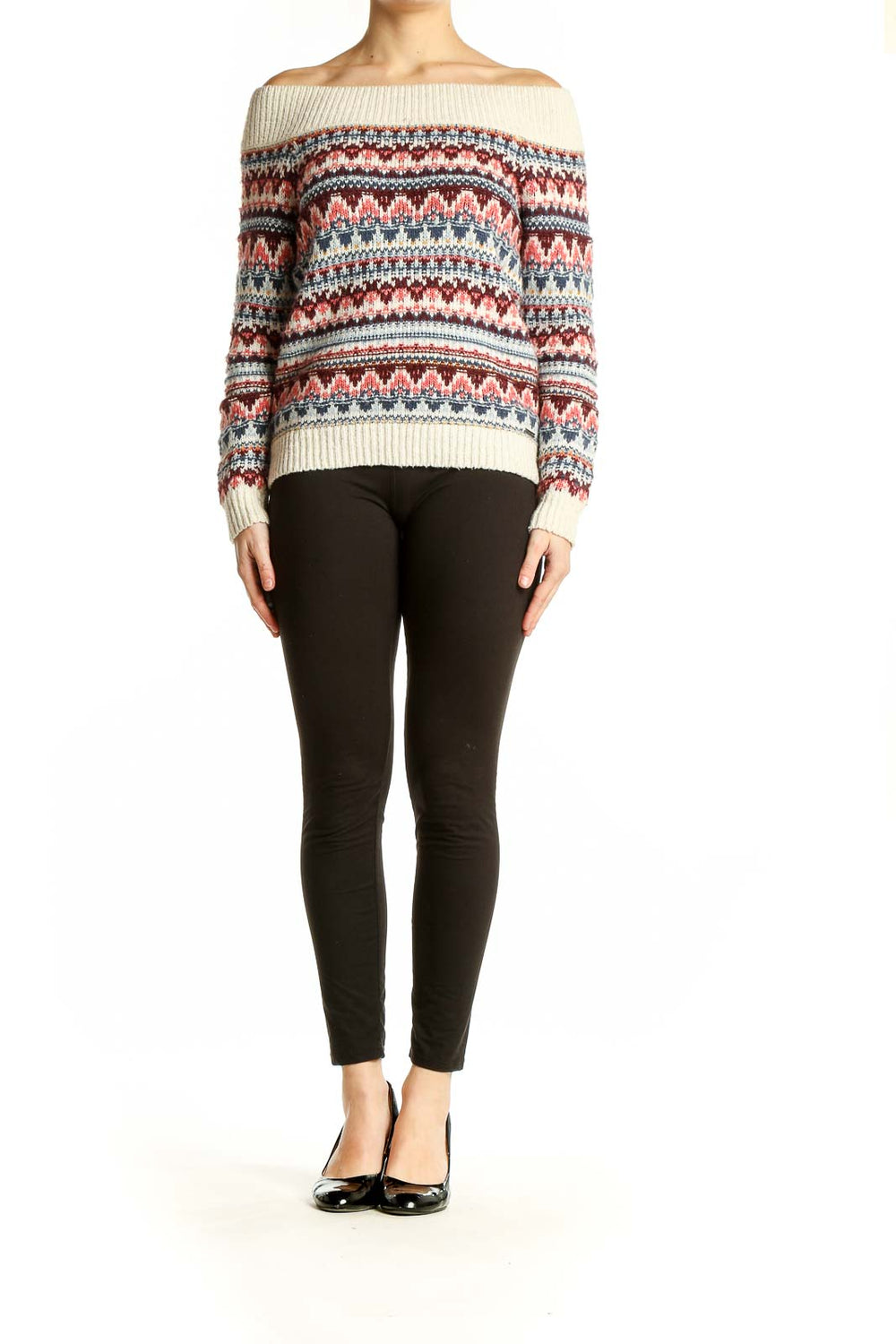 Front view of Abercrombie & Fitch cream off-shoulder sweater with Fair Isle pattern