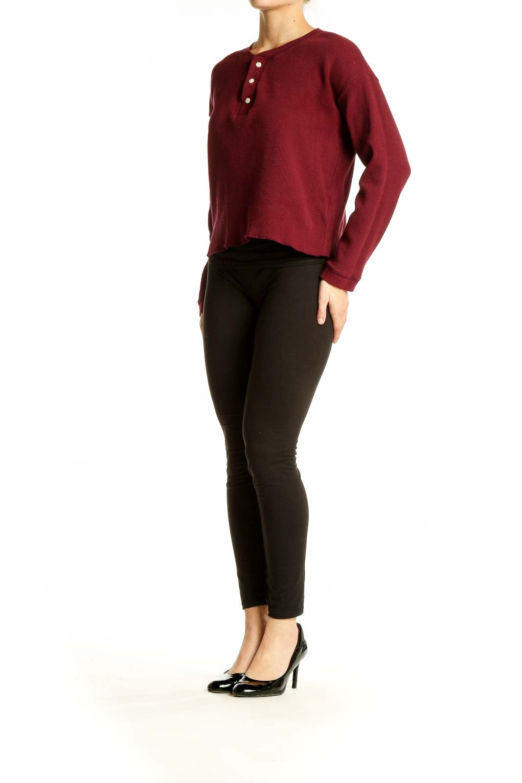 Front view of Everlane burgundy cotton henley knit top with button detail