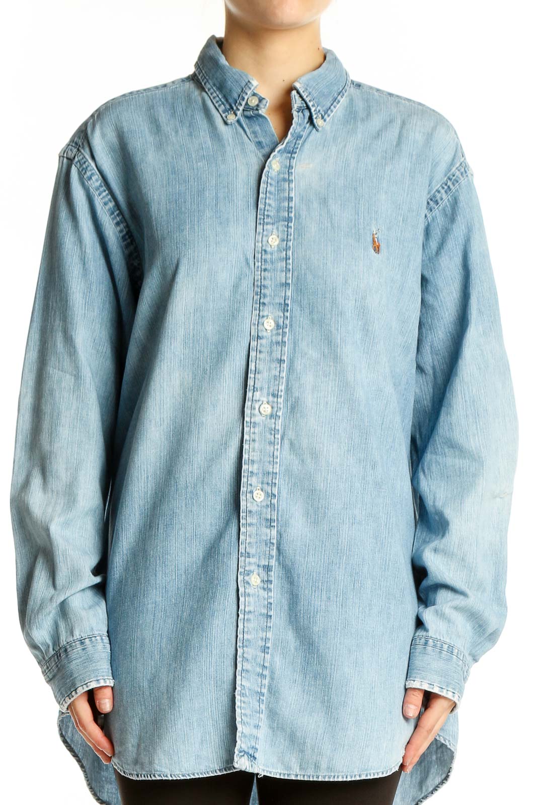 Front view of light blue oversized Polo Ralph Lauren denim button-down shirt