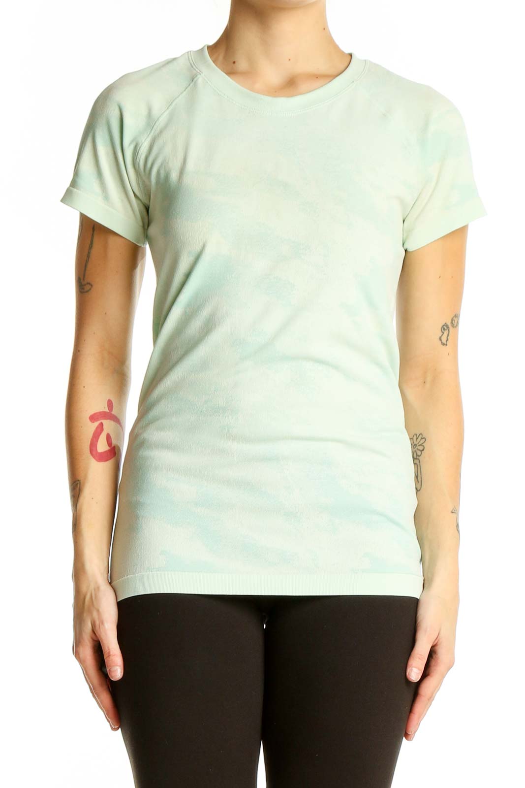 Front view of mint green Athleta performance t-shirt