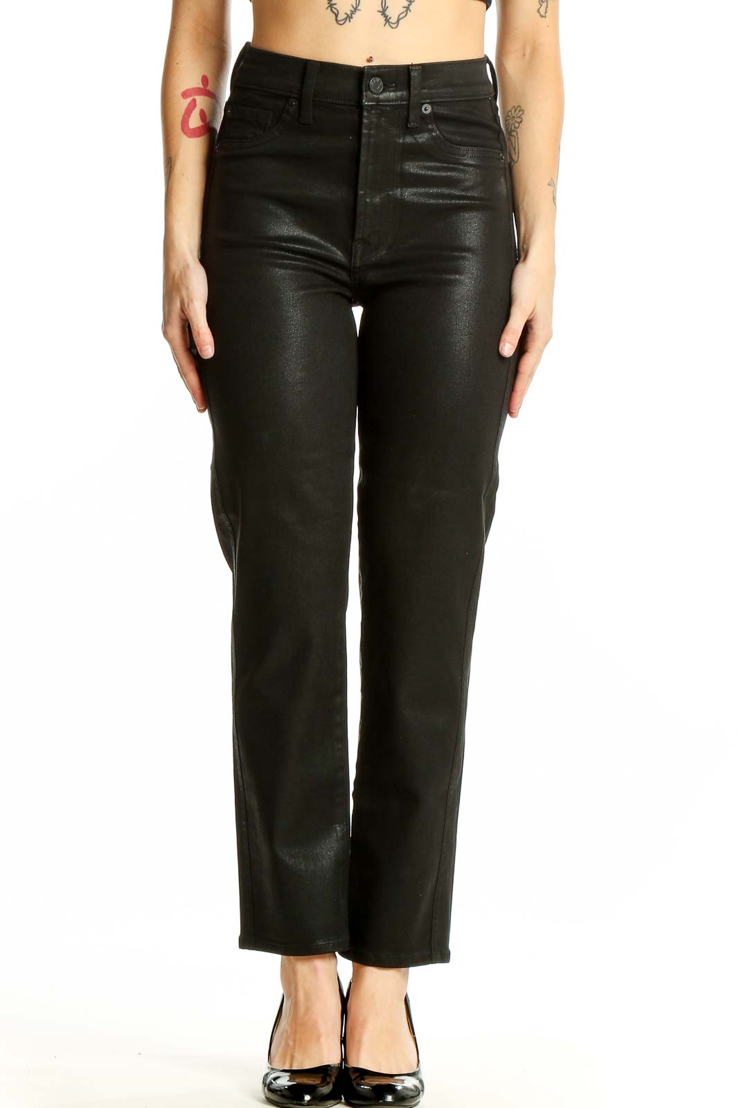 Front view of 7 For All Mankind black coated high-rise straight leg jeans