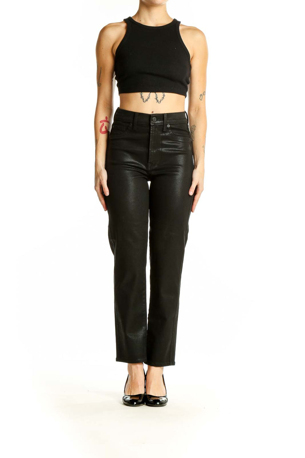 Front view of 7 For All Mankind black coated high-rise straight leg jeans