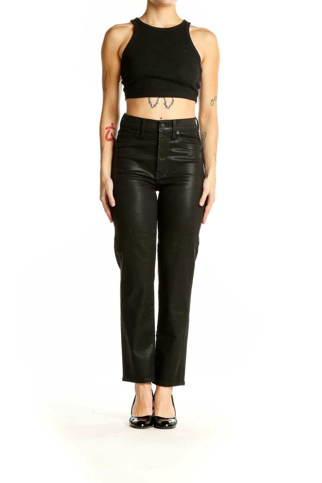 Front view of 7 For All Mankind black coated high-rise straight leg jeans