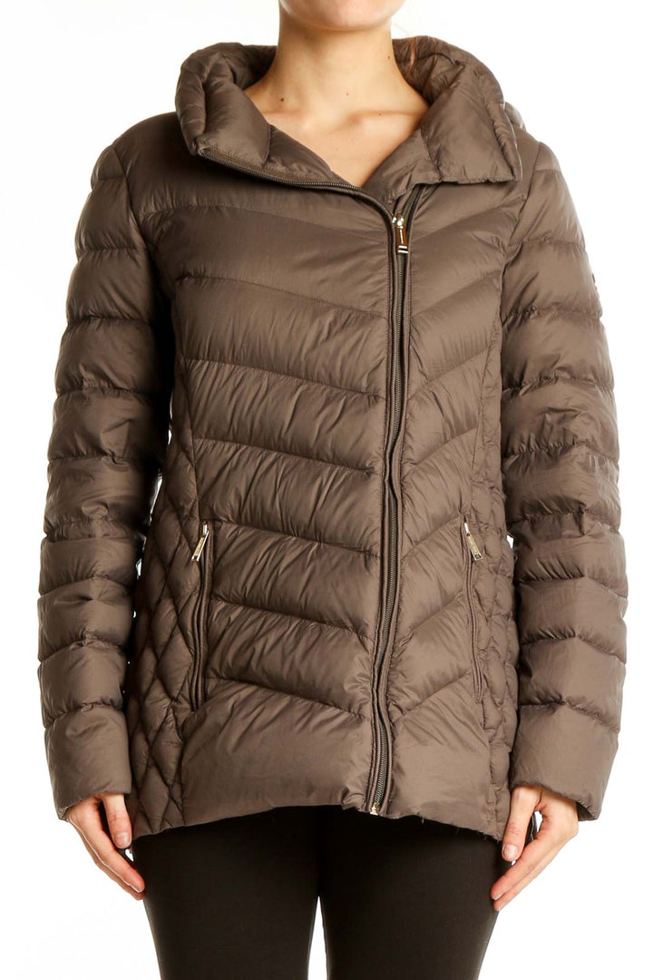 Front view of Michael Kors brown quilted nylon puffer jacket with asymmetrical zip