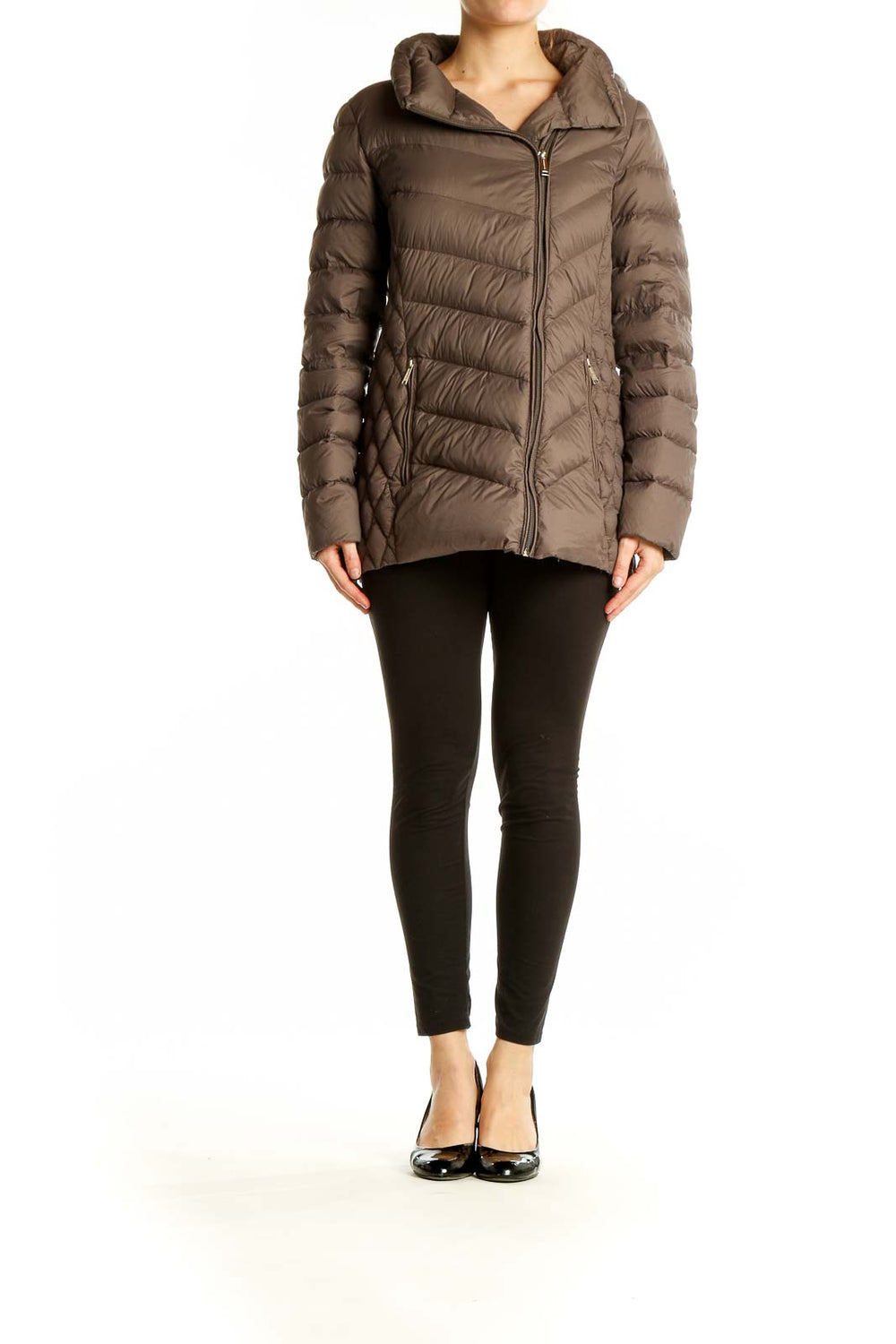 Front view of Michael Kors brown quilted nylon puffer jacket with asymmetrical zip