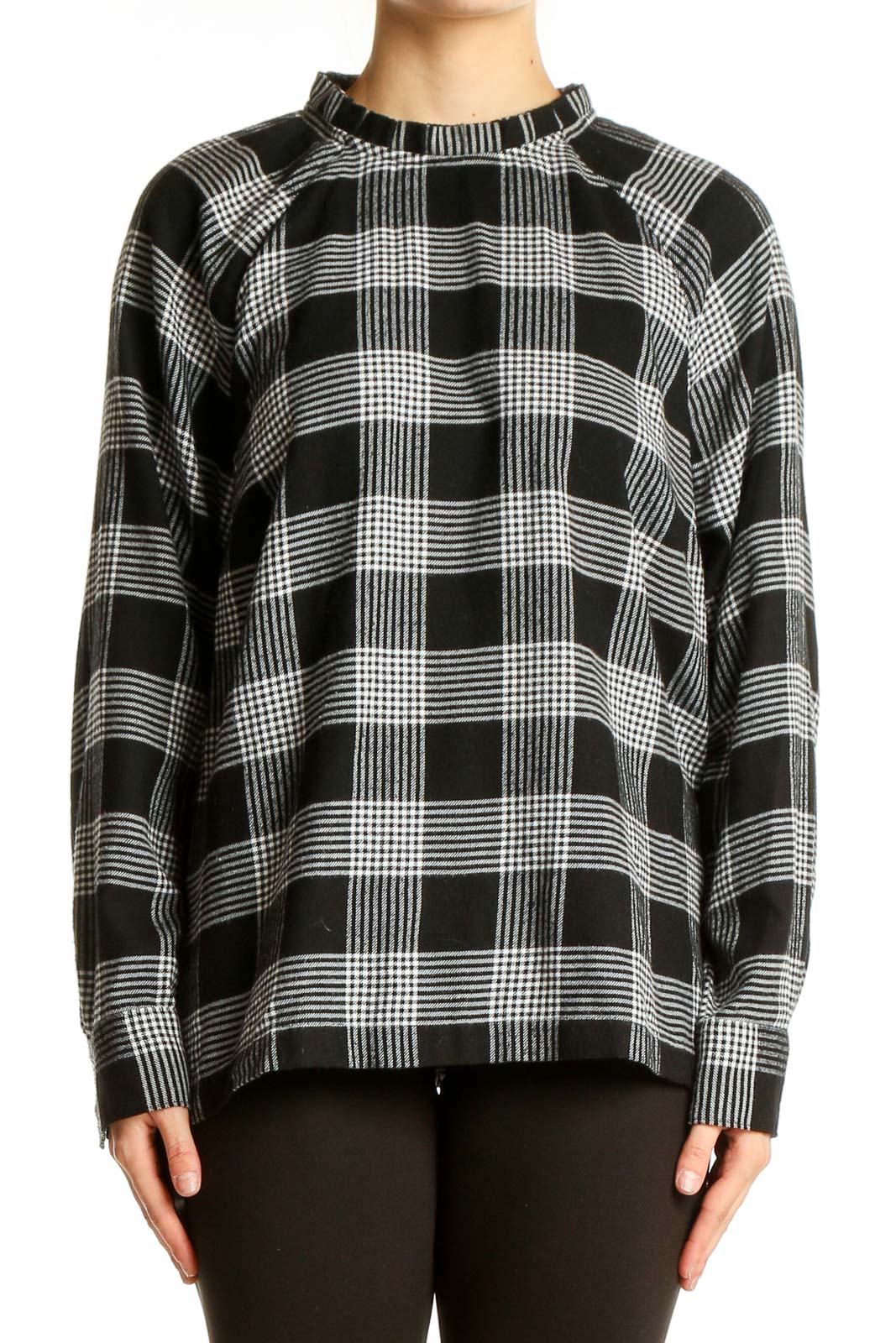 Front view of LOFT black and white plaid long sleeve blouse