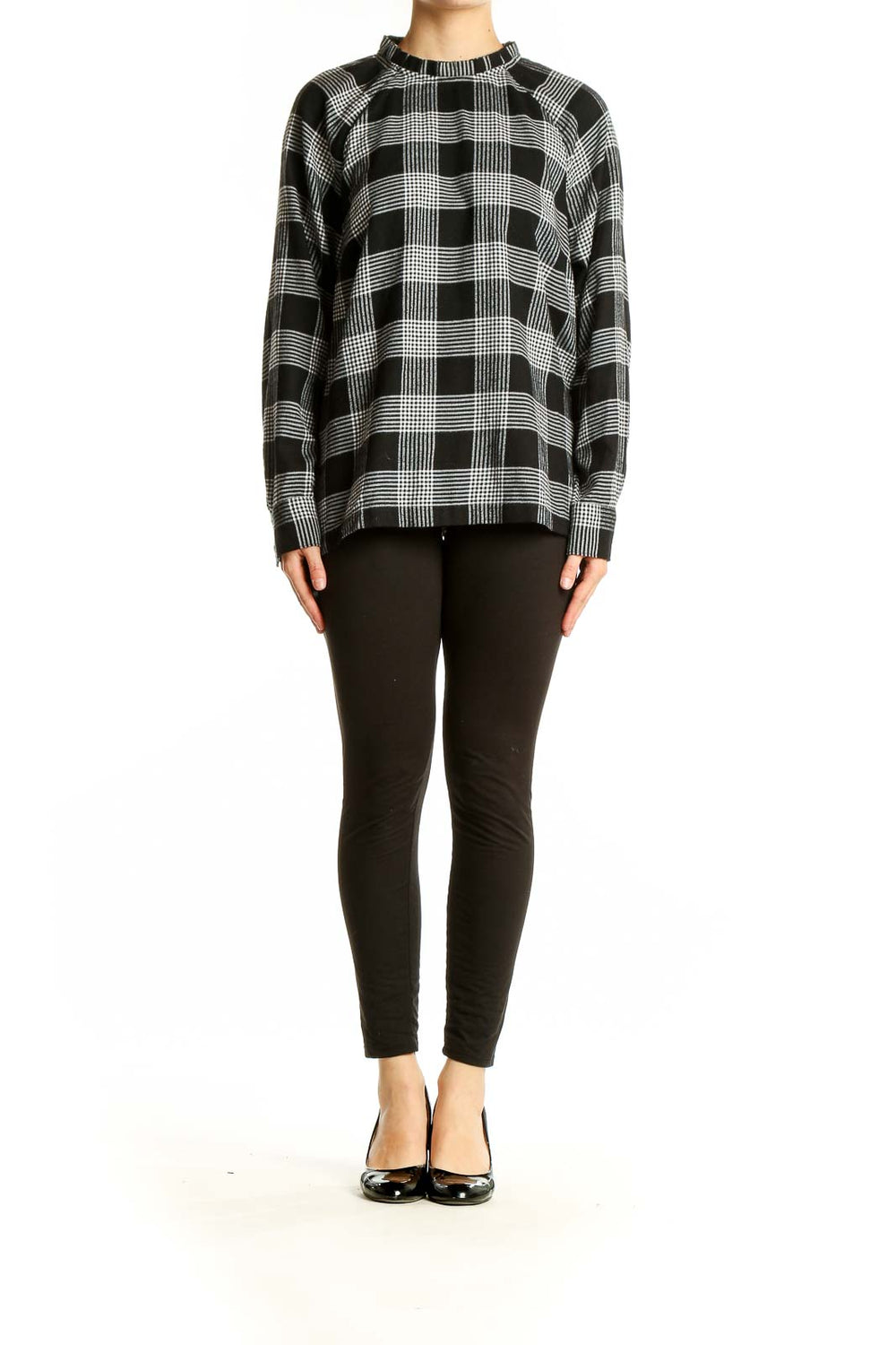 Front view of LOFT black and white plaid long sleeve blouse