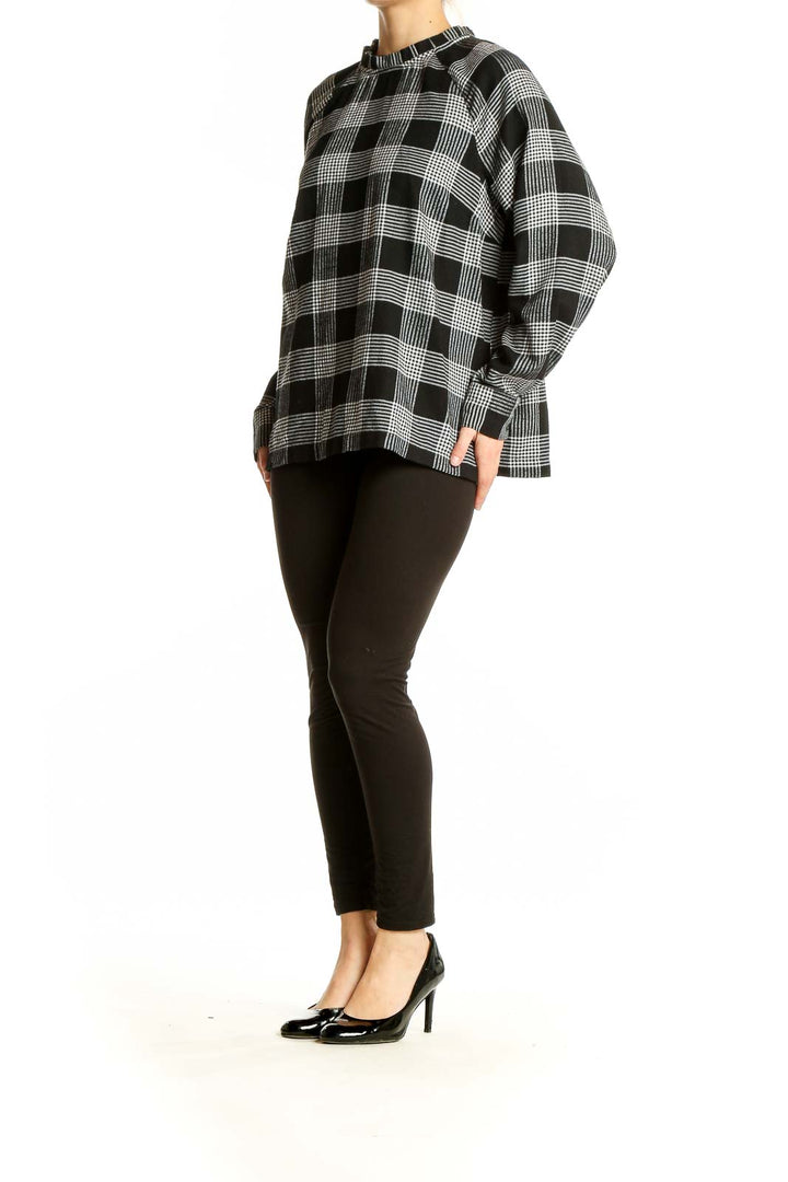 Front view of LOFT black and white plaid long sleeve blouse