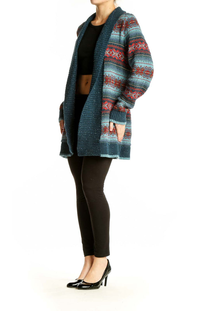 Front view of teal L.L.Bean Fair Isle pattern cardigan