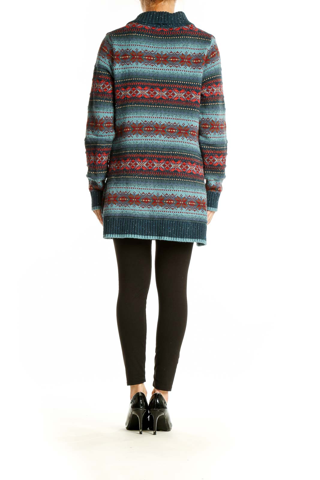 Side view of woman wearing teal L.L.Bean Fair Isle pattern cardigan