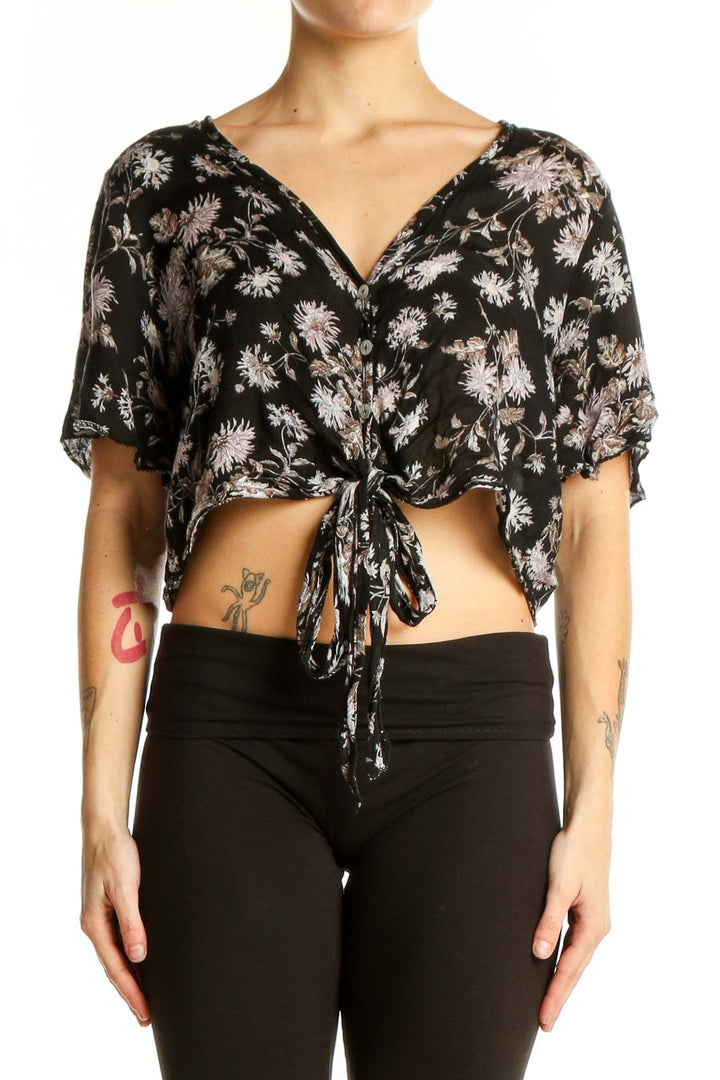 Front view of Black Floral Tie-Front Crop Top by Don't Ask Why