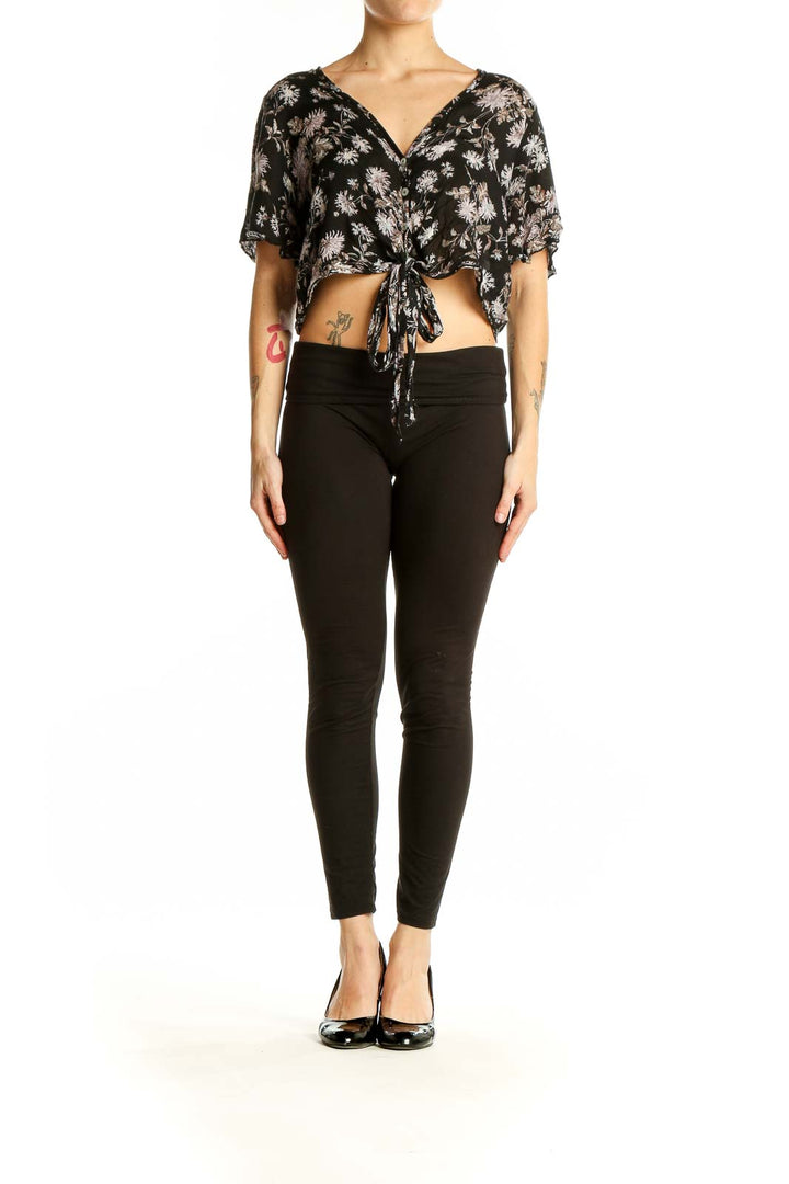 Front view of Black Floral Tie-Front Crop Top by Don't Ask Why