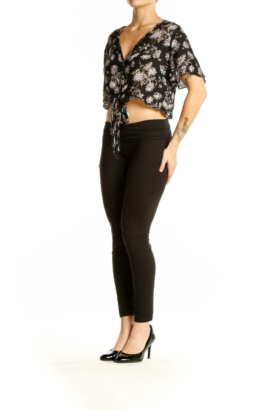 Front view of Black Floral Tie-Front Crop Top by Don't Ask Why