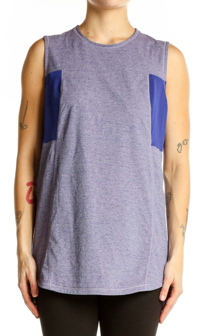 Front view of purple REI COOP sleeveless athletic tank top with blue mesh panels