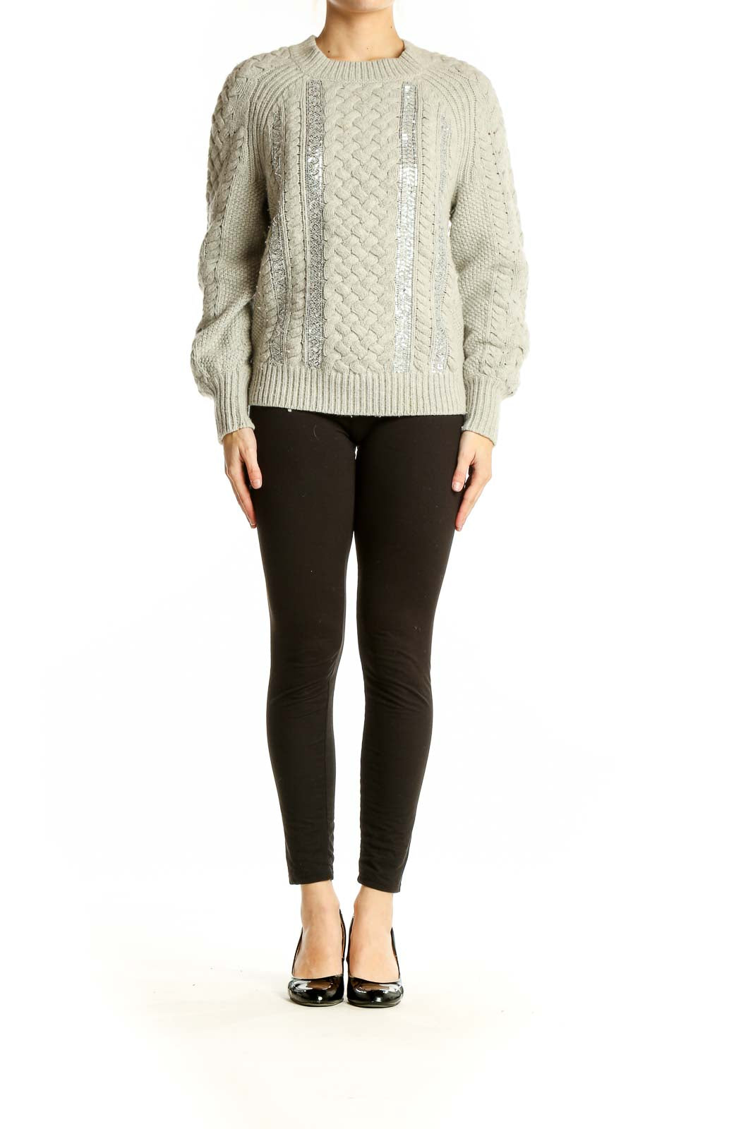 Front view of J.Crew beige cable knit sweater with sequin embellishments