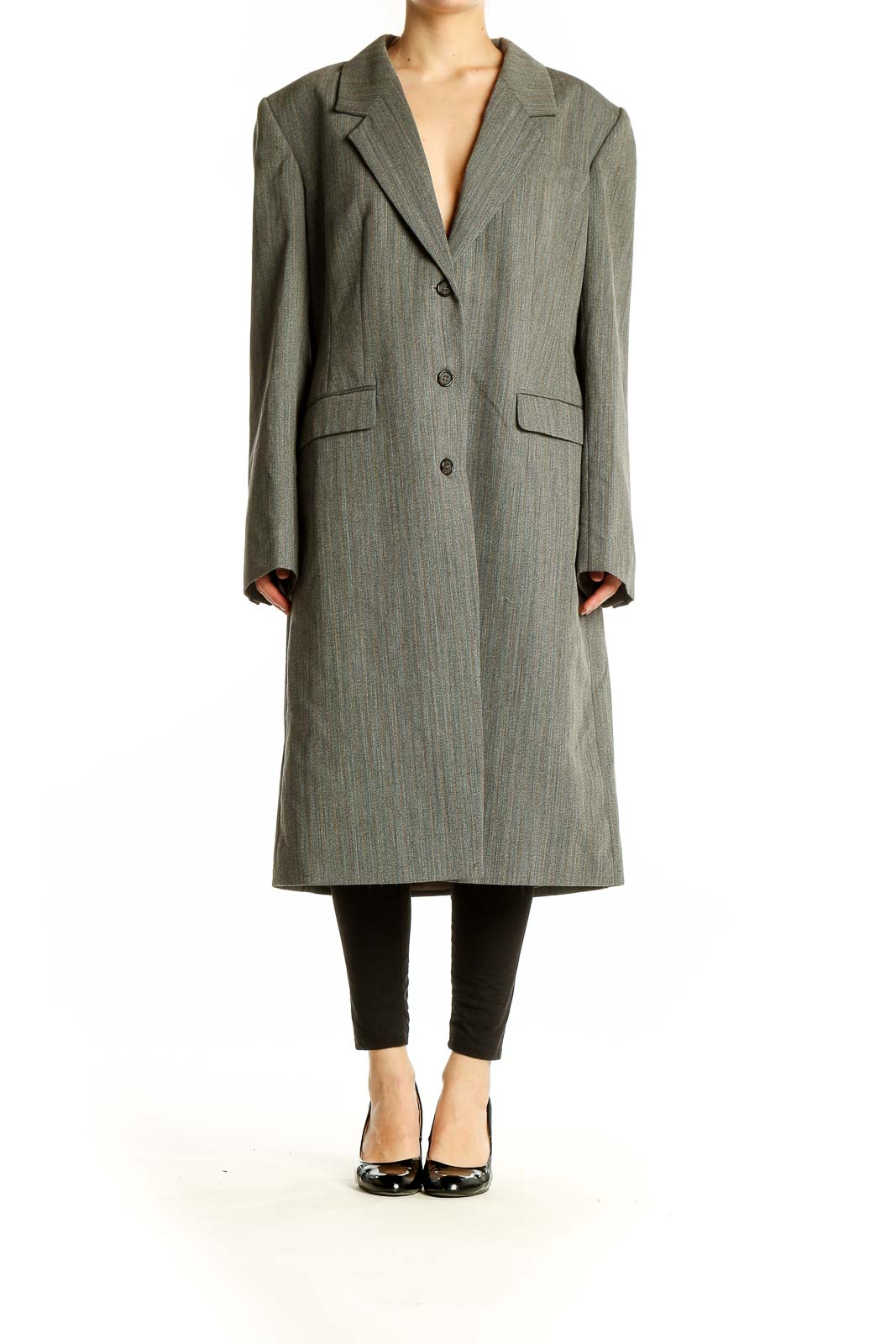 Front view of olive wool-blend long coat from The J. Peterman Company