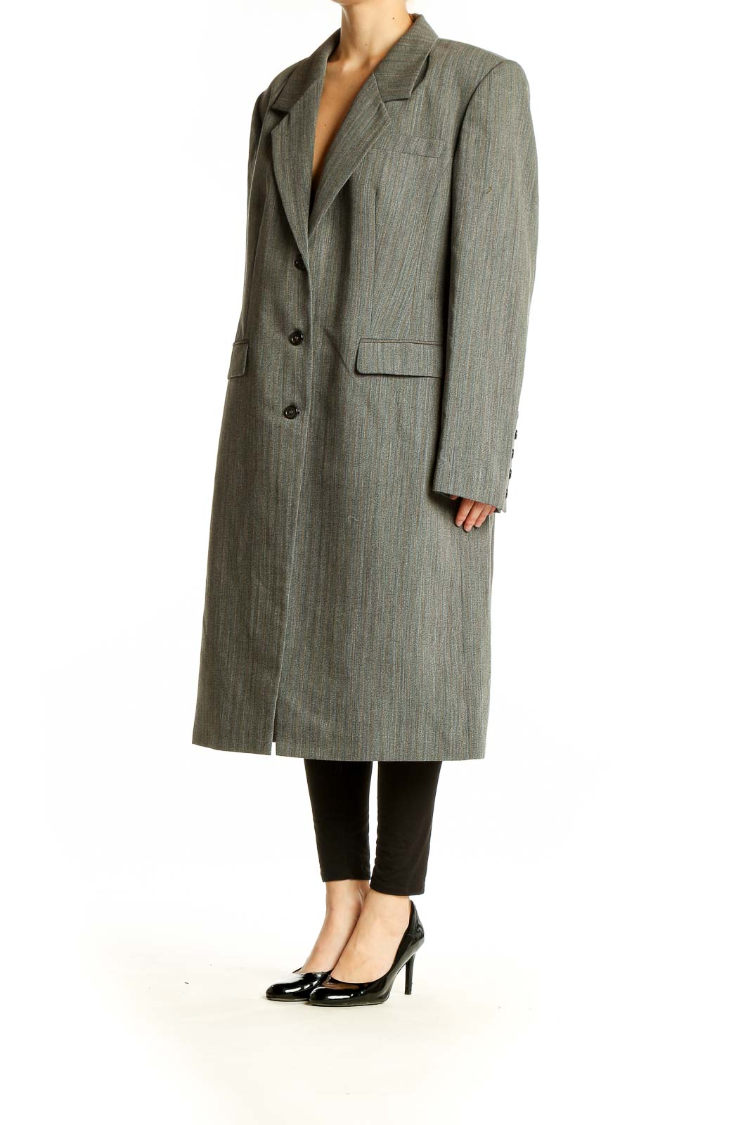 Front view of olive wool-blend long coat from The J. Peterman Company