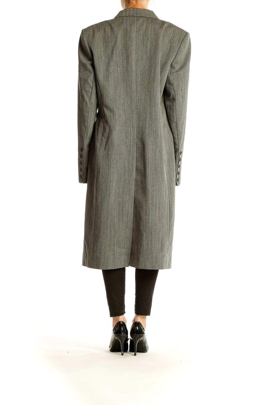 Side view of olive wool-blend long coat from The J. Peterman Company