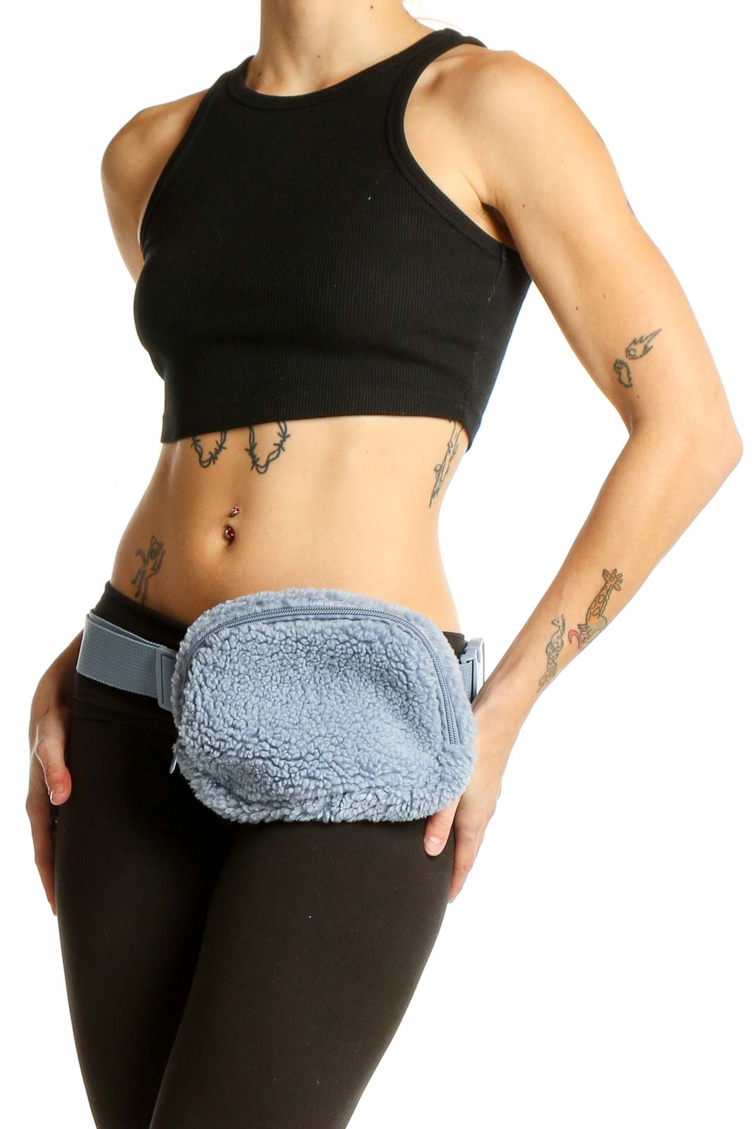 Front view of SilkRoll blue fuzzy fanny pack