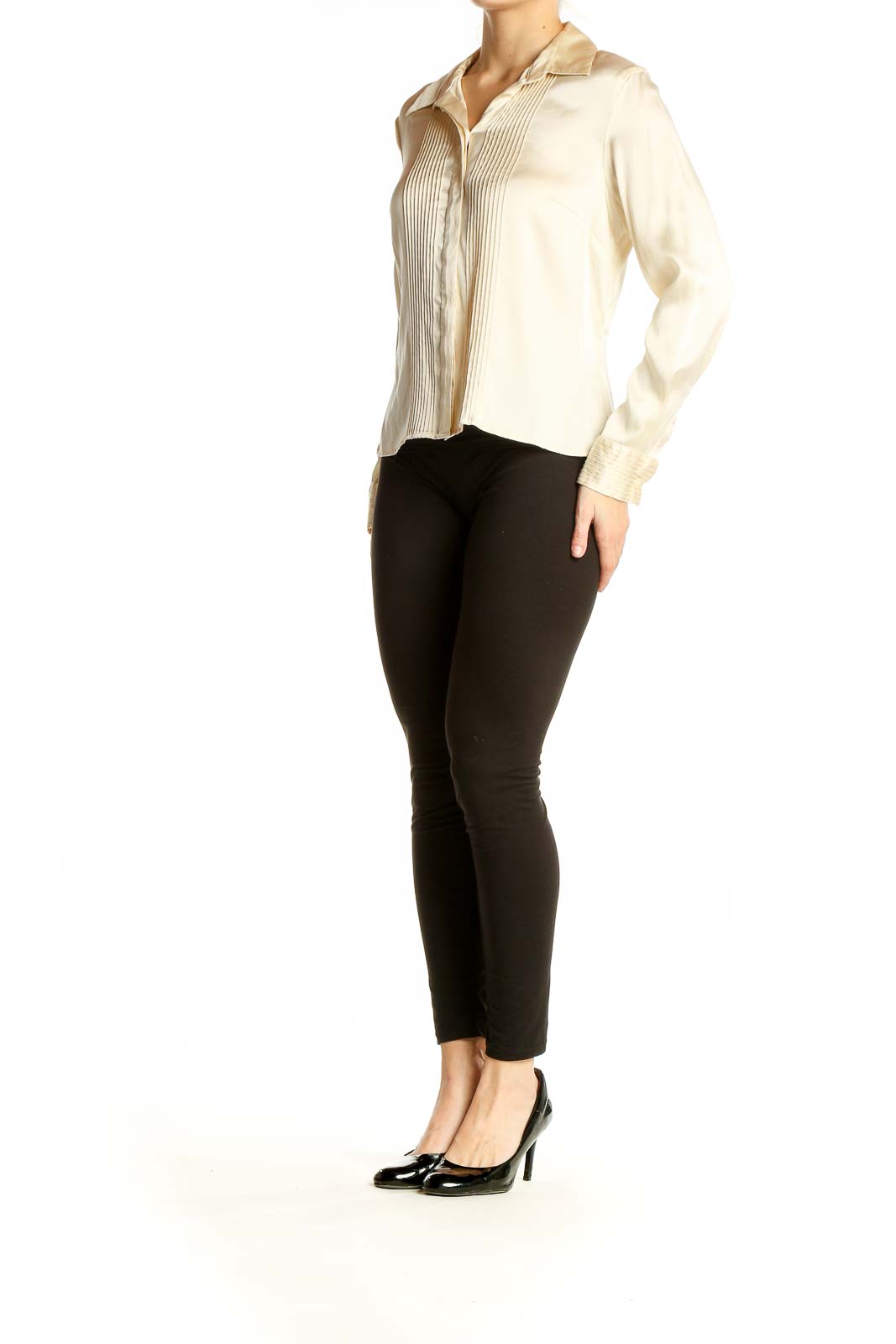 Front view of Alfani cream silk blouse with pleated detail