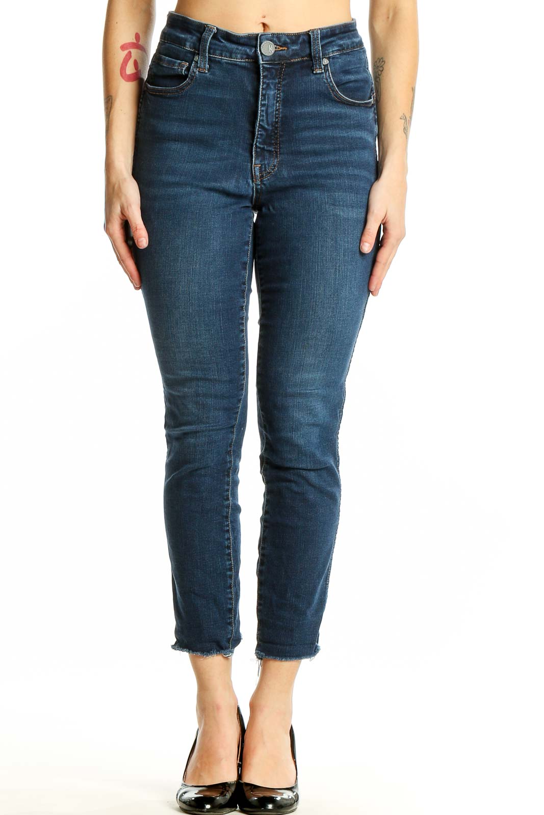 Front view of KUT from the Kloth dark blue high-rise cropped skinny jeans