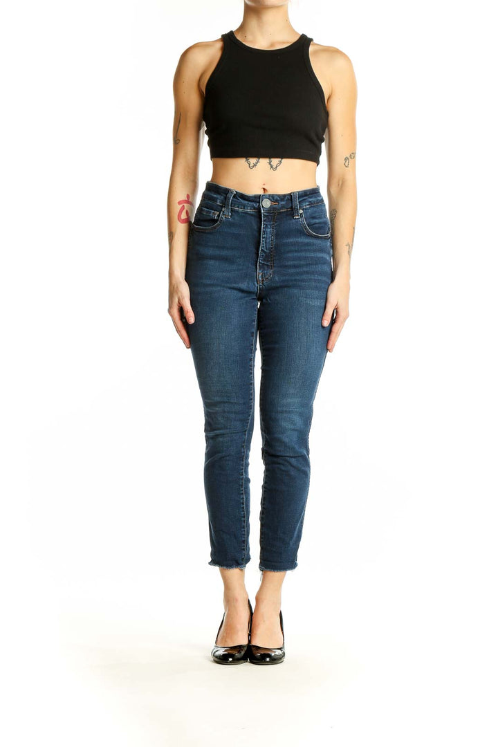 Front view of KUT from the Kloth dark blue high-rise cropped skinny jeans