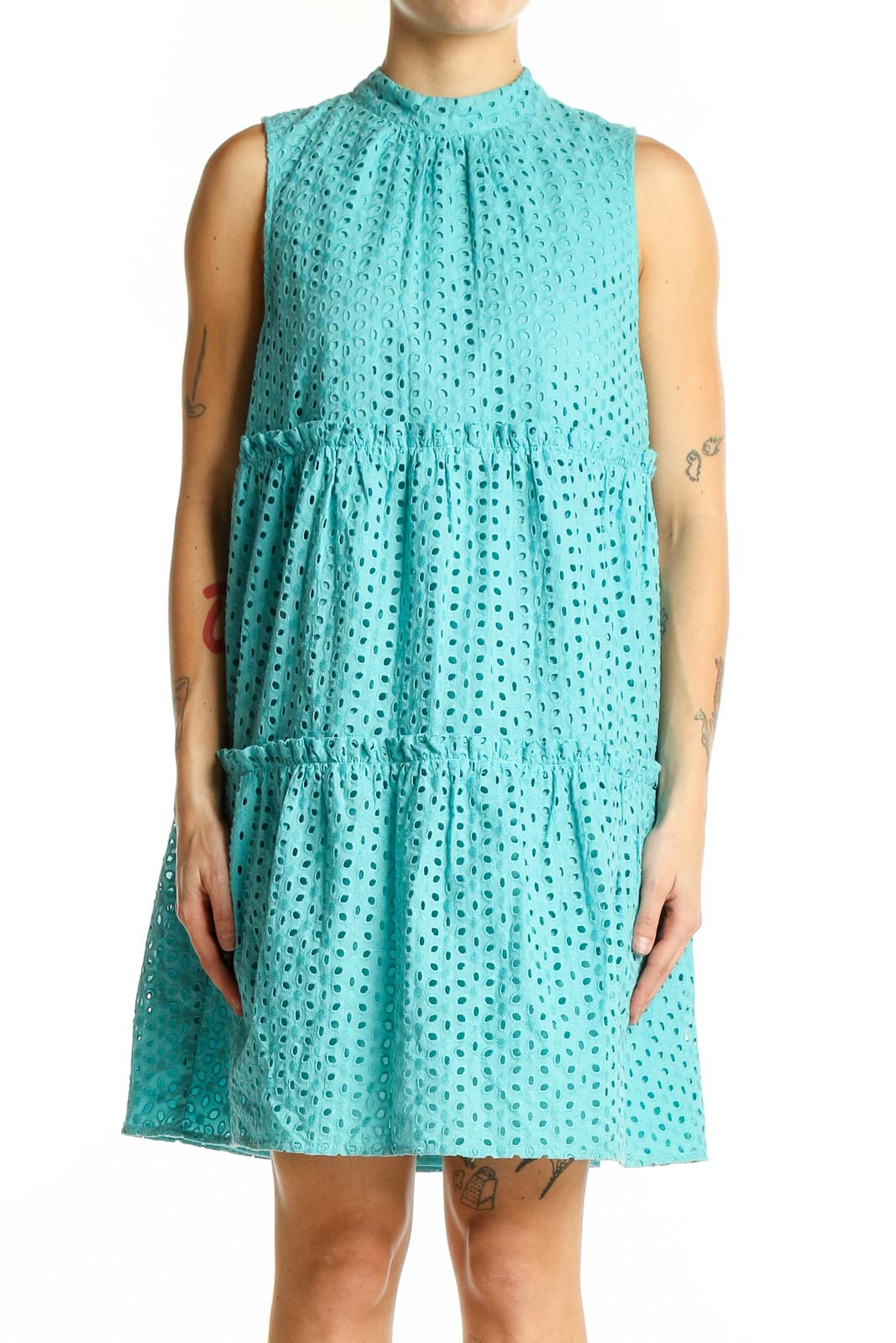 Front view of turquoise eyelet tiered sleeveless dress by kensie