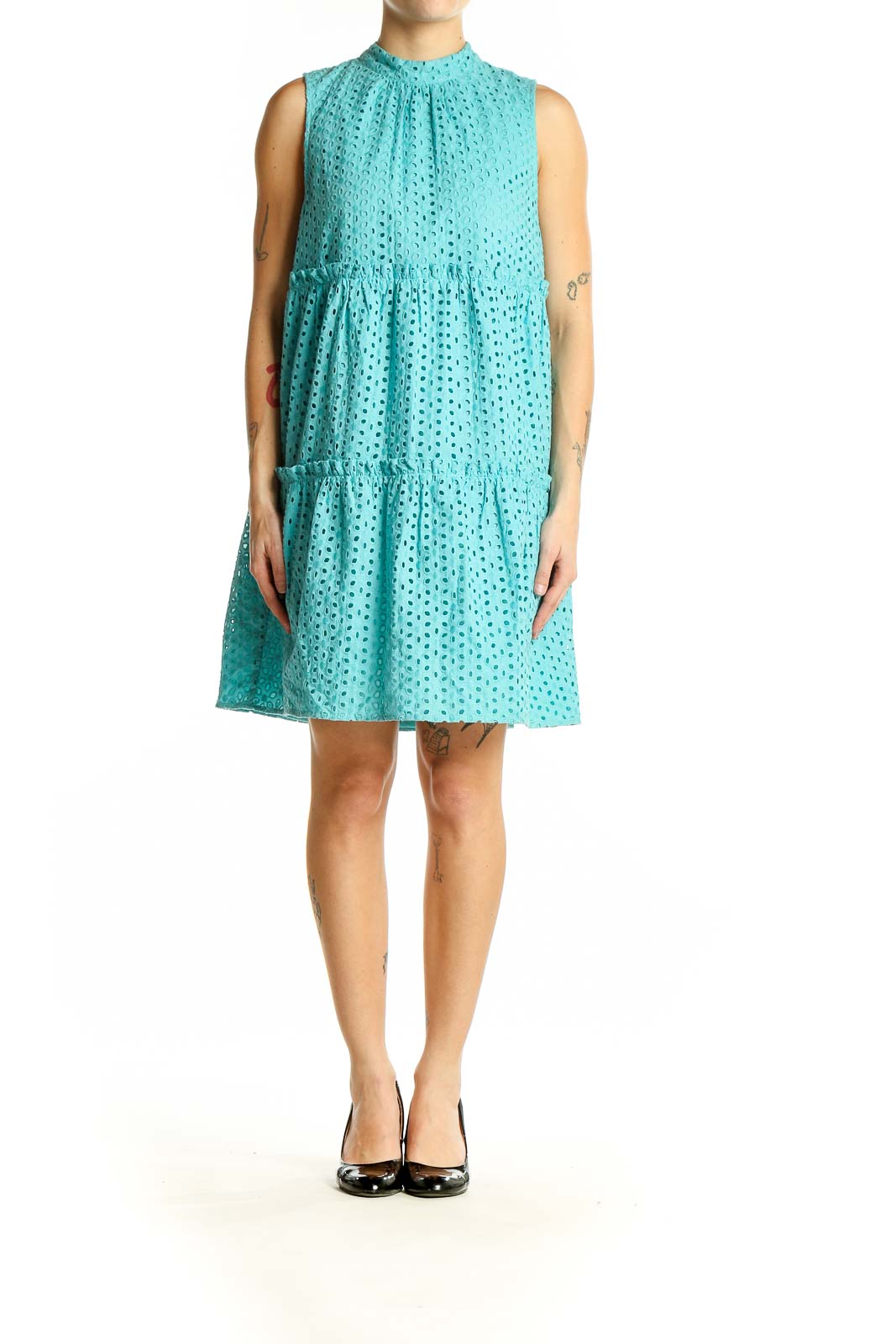 Front view of turquoise eyelet tiered sleeveless dress by kensie