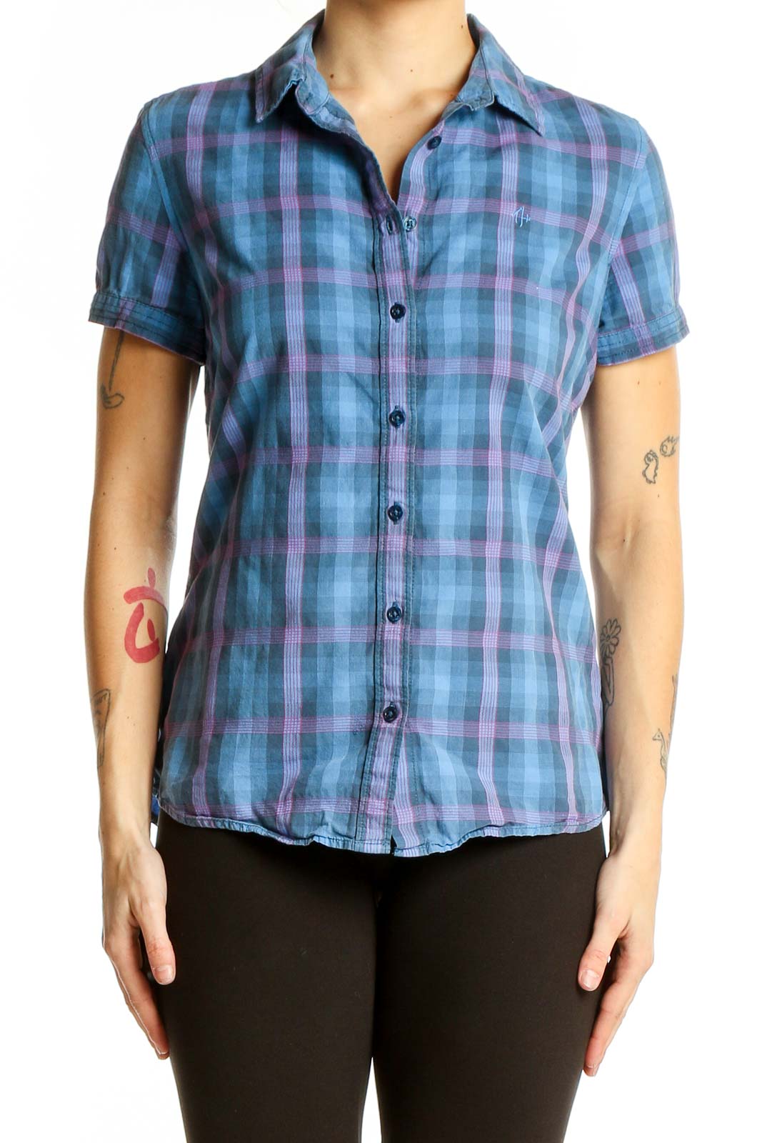 Front view of Tommy Hilfiger blue and purple plaid short-sleeve button-up shirt