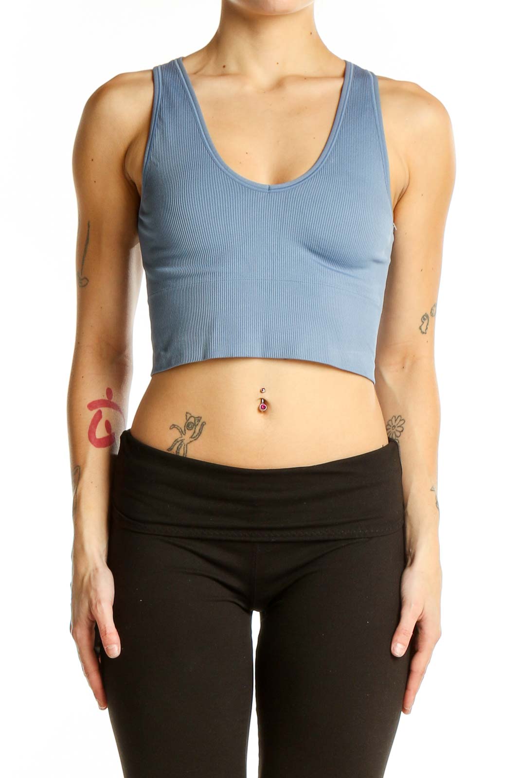 Front view of blue ribbed crop tank top from Athleta