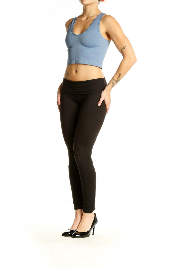 Front view of blue ribbed crop tank top from Athleta