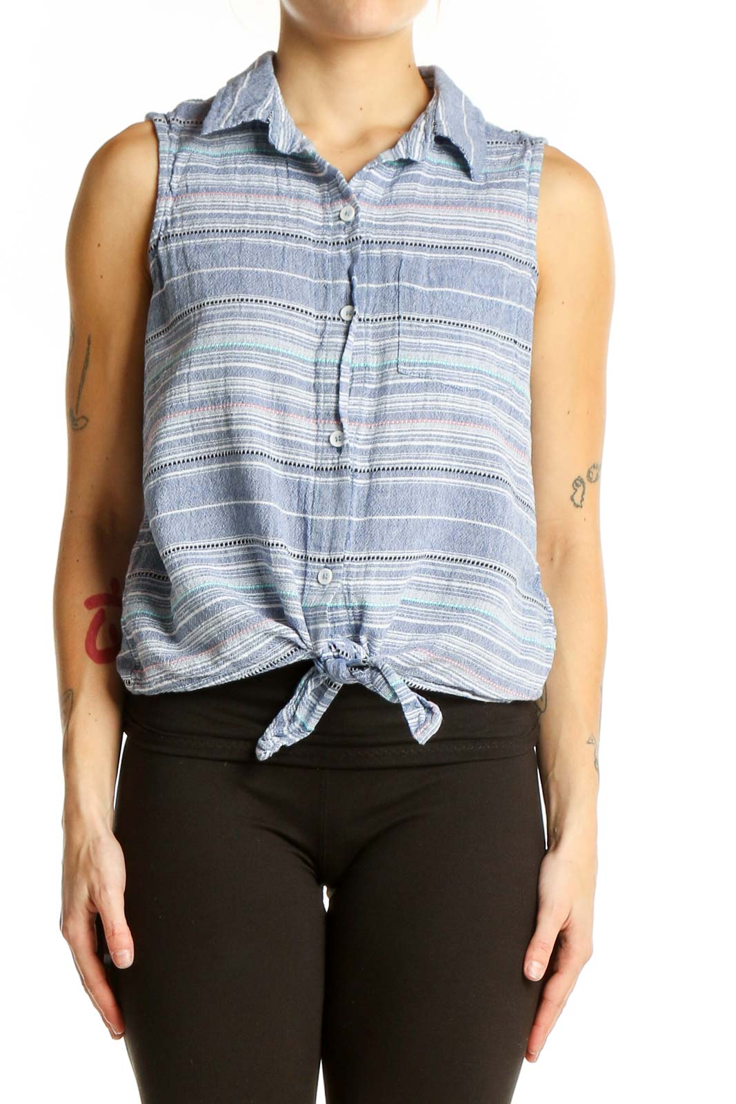 Front view of beach lunch lounge blue striped sleeveless cotton top with tie-front detail