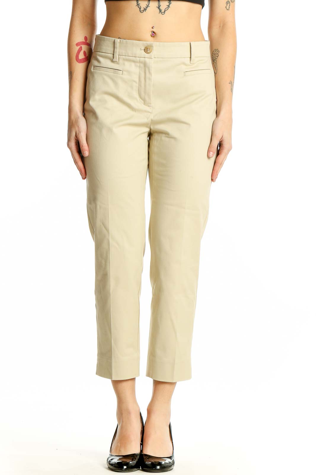 Front view of Ann Taylor beige cropped trousers on model