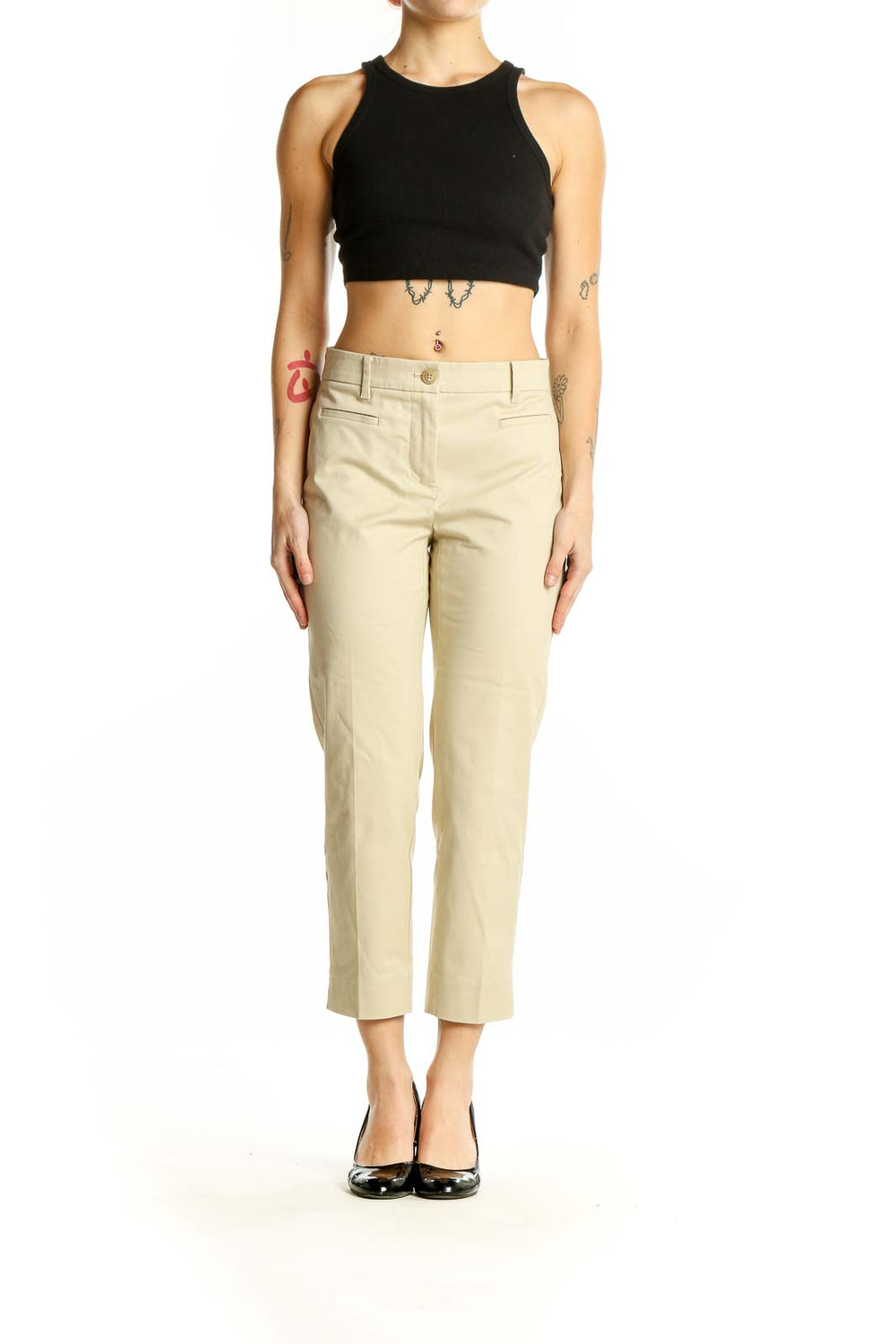 Front view of Ann Taylor beige cropped trousers on model