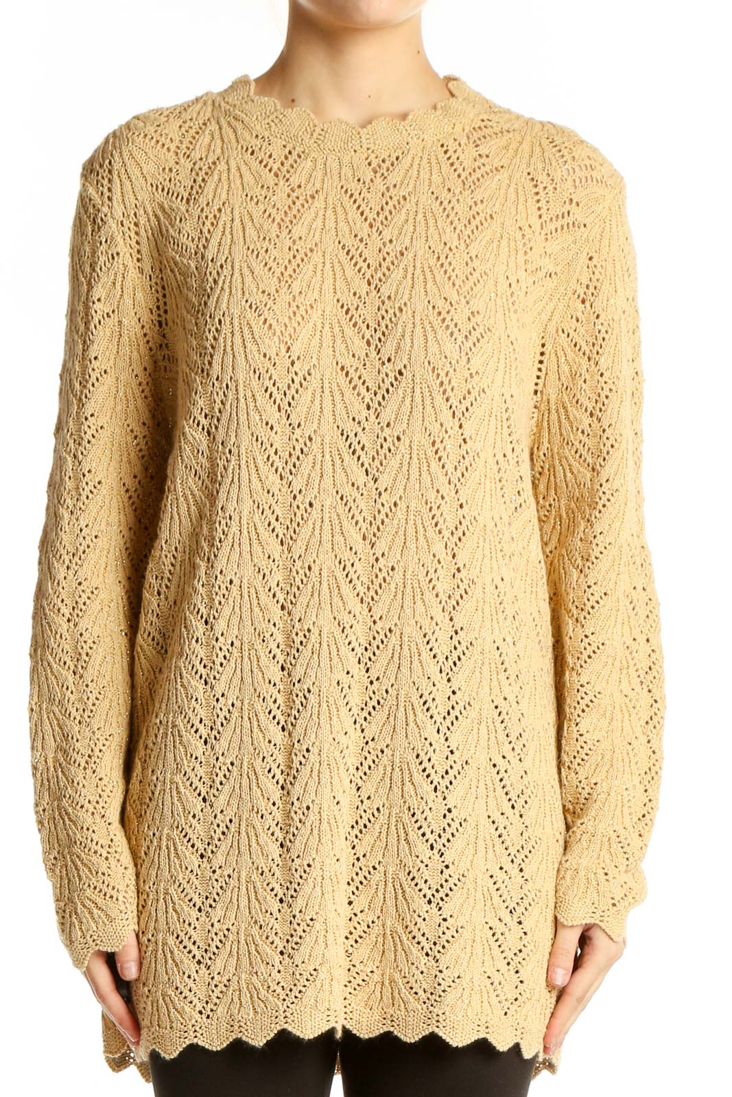 Front view of beige acrylic lurex sweater with pointelle knit pattern