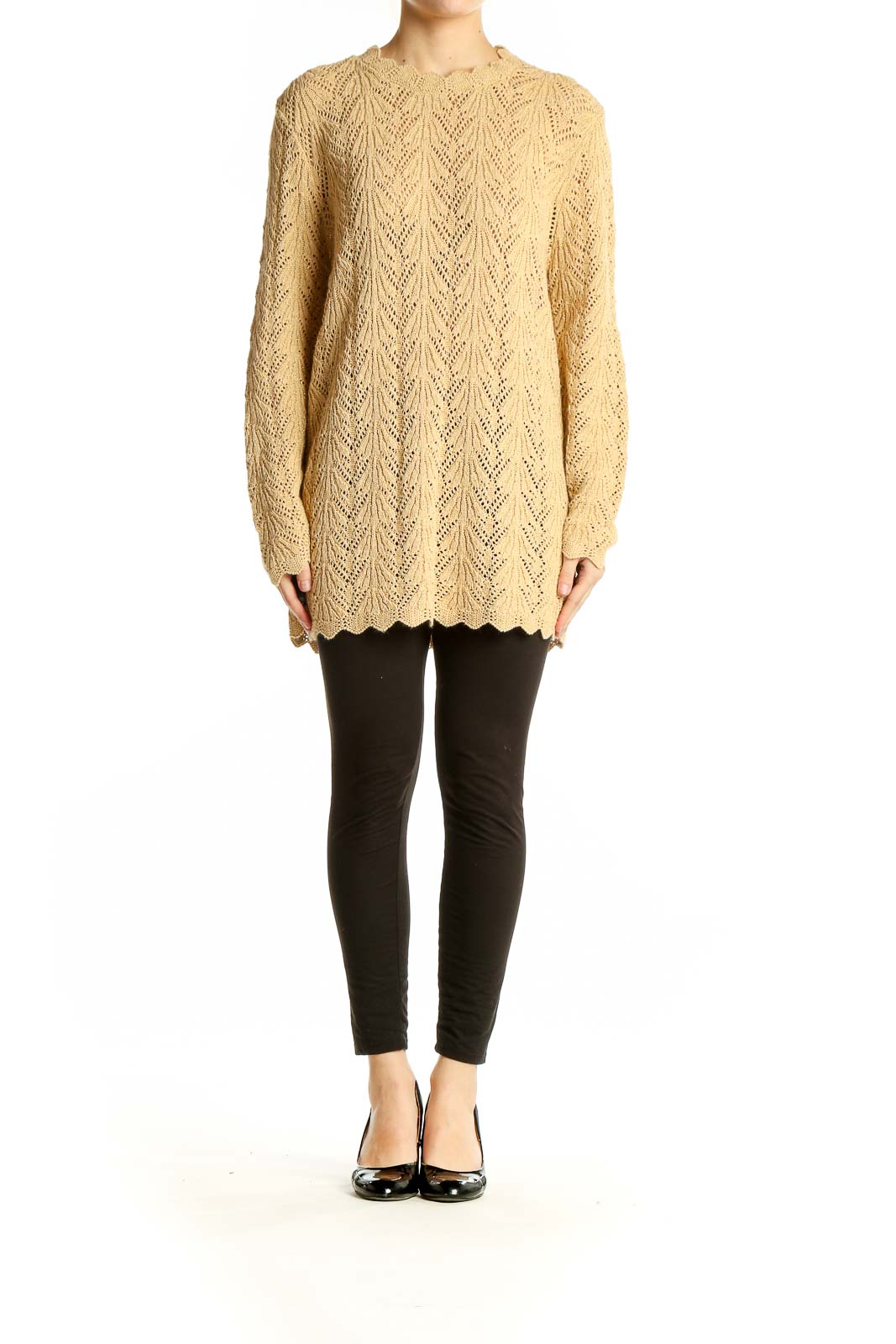 Front view of beige acrylic lurex sweater with pointelle knit pattern