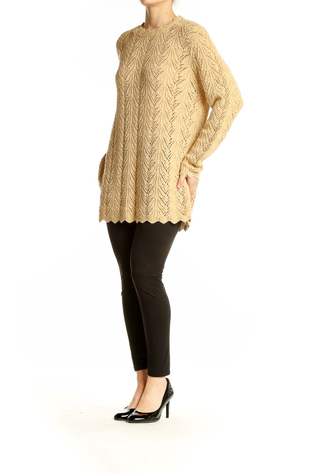 Front view of beige acrylic lurex sweater with pointelle knit pattern