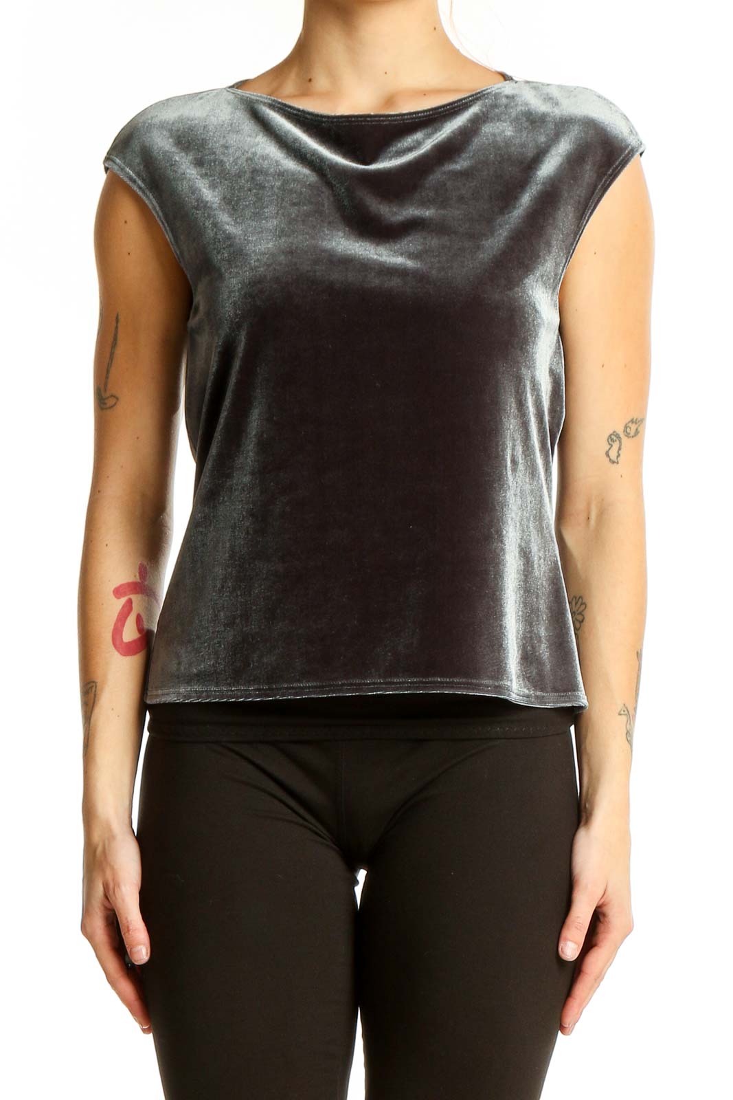 Front view of gray velvet sleeveless top by Laundry with cowl neckline