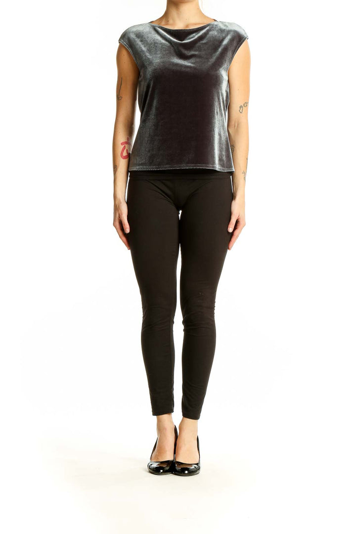 Front view of gray velvet sleeveless top by Laundry with cowl neckline