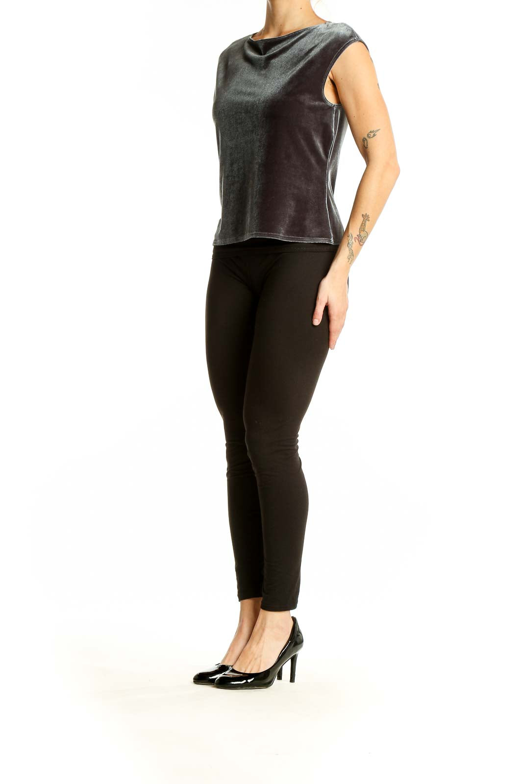 Front view of gray velvet sleeveless top by Laundry with cowl neckline