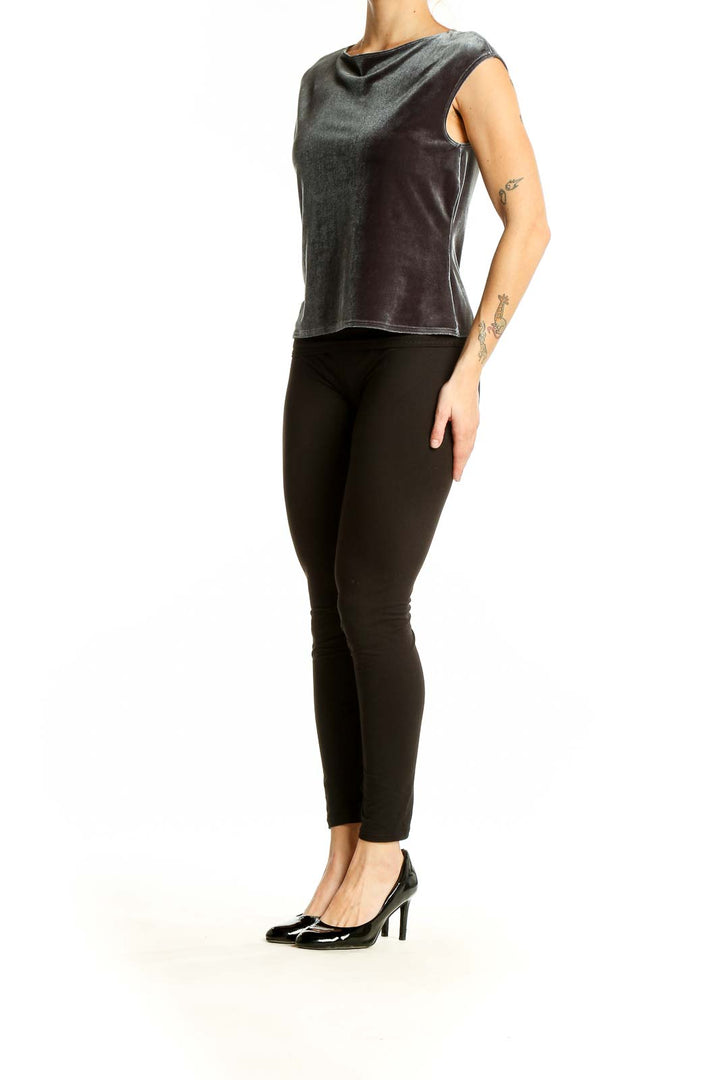 Front view of gray velvet sleeveless top by Laundry with cowl neckline